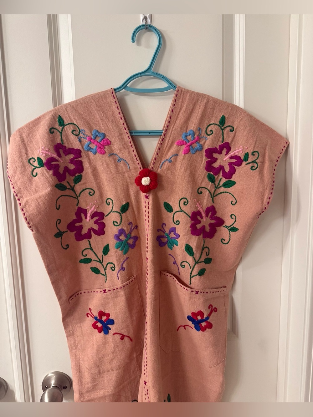 Women’s Peach Embroidered Floral Dress with Crochet Button